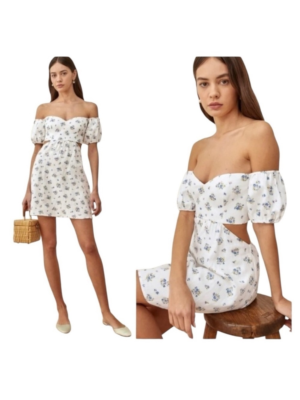 Reformation Emilia Floral Linen Mini Dress White Blue Off Shoulder Sz 8
